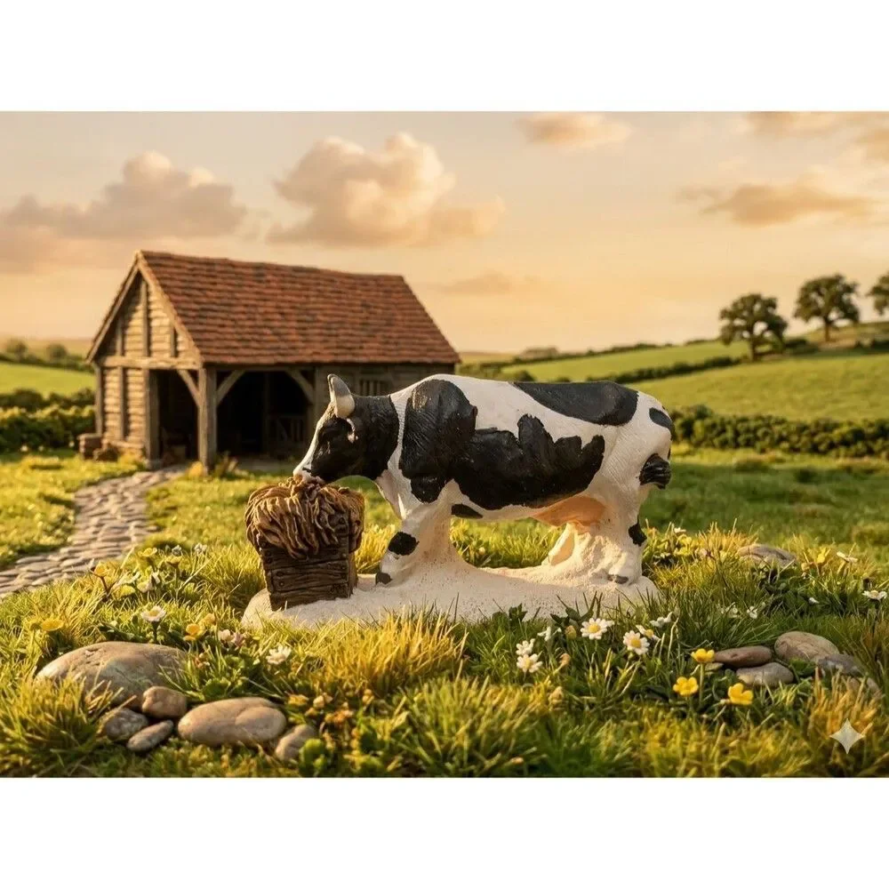 Vintage Holstein Cow Figurine Resin Miniature with Hay Trough Farmhouse Decor